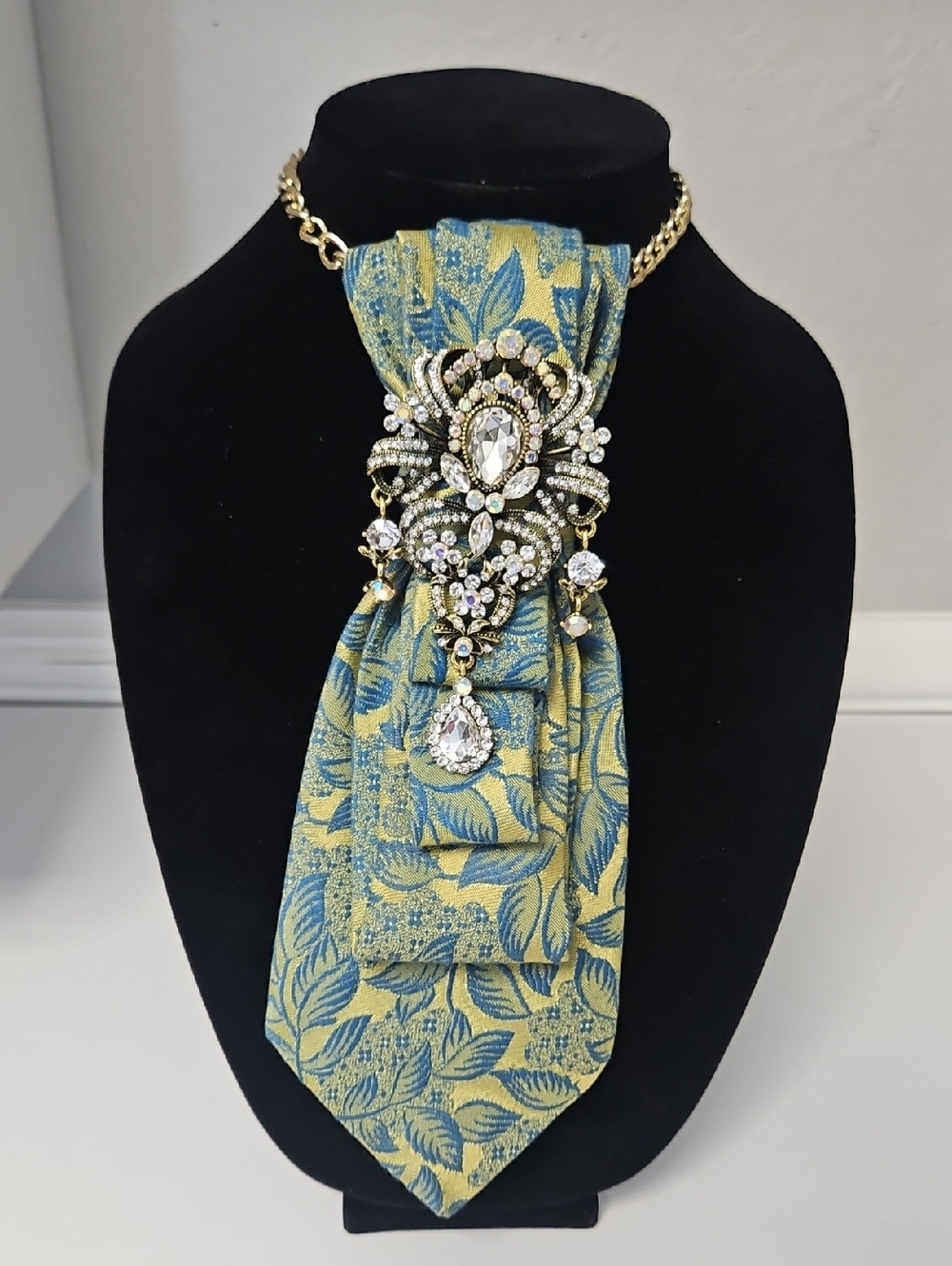 Custom Made Vintage-Inspired Blue & Green Necktie Necklace with Crystal Brooch